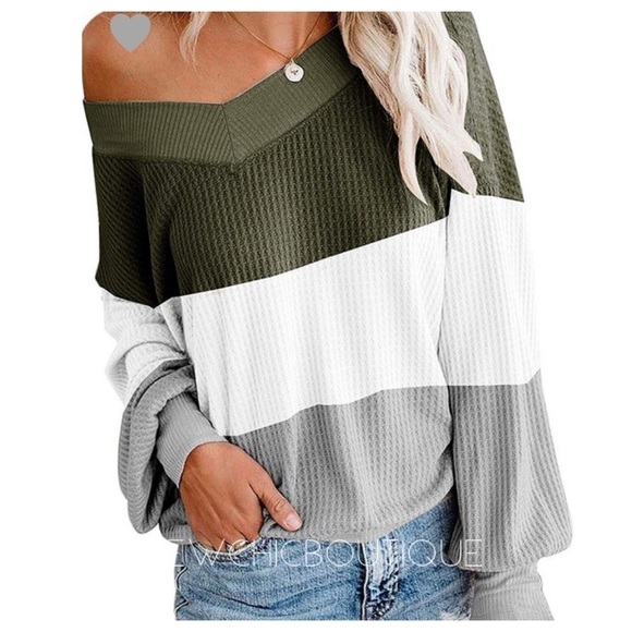 sewchicboutique Tops - V-neck Color Block Thermal Olive & Gray S-XL
